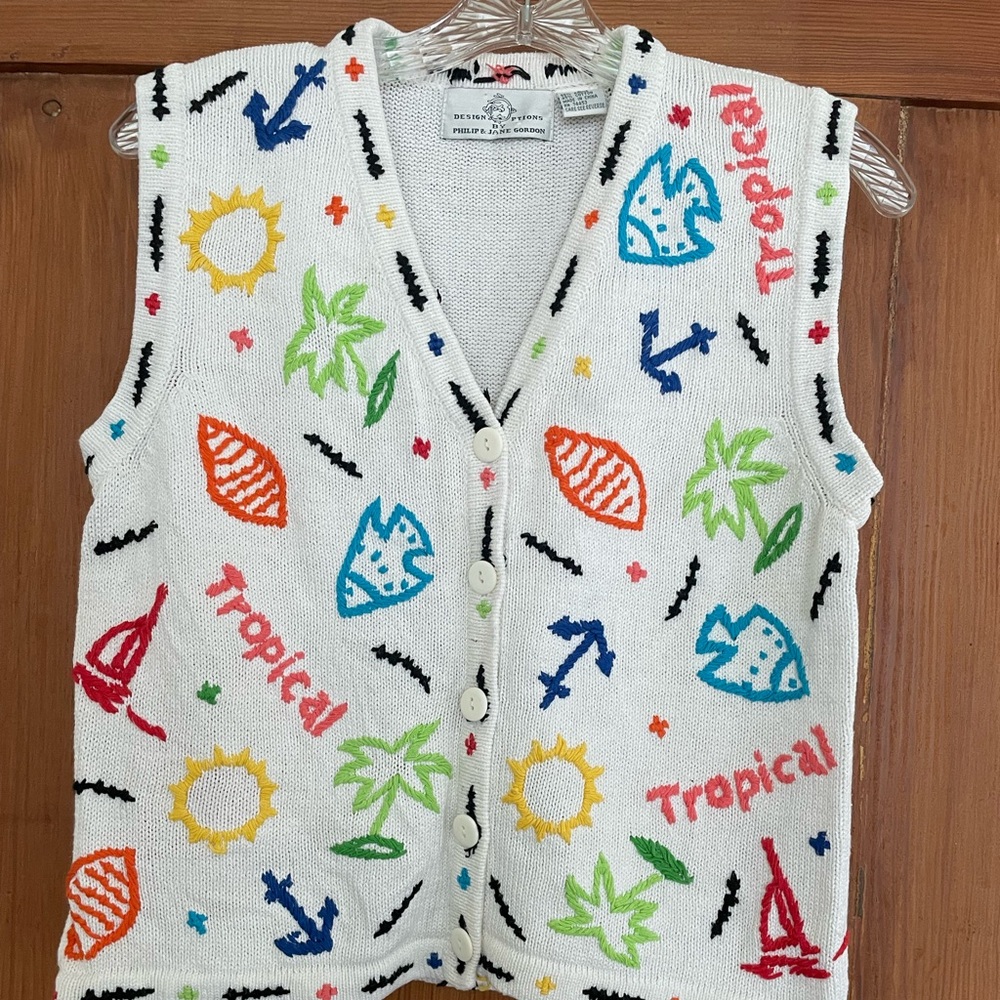Vintage Design Options Philip Jane Gordon White Embroidered Sweater Vest S